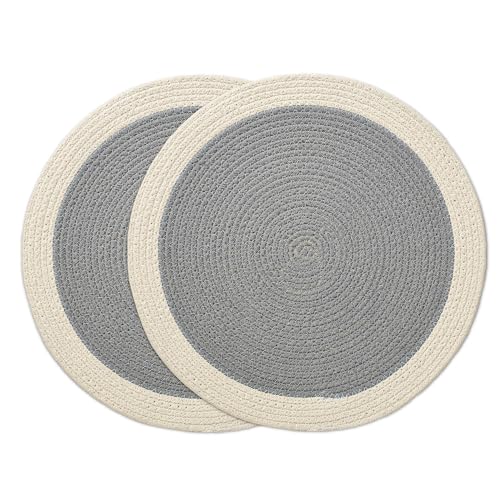 Image of Dining Table Mats Set of 2 | Cotton Table Mat 32 cm Diameter, Ecasa XO Washable Round Table Mats, Heat Resistance Dining Table Placemats, Handmade Ribbed Style for Centre Table, Light Grey & Off White