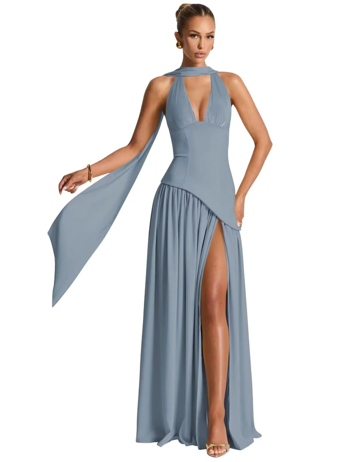 RSOETOO Halter Bridesmaid Dresses for Women Maxi Scarf Satin Dress with Slit Long Formal Evening Gown RON003