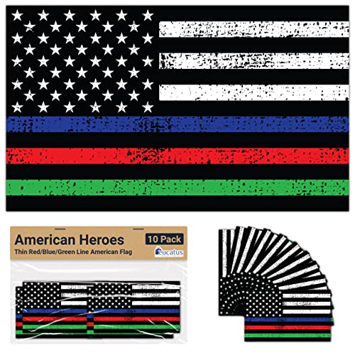 Eucatus Best Products and Gifts Premium, Distressed Thin Red Blue Green Line Flag 3x5 Inch Decals 10 PK. Glossy USA Made Vinyl Car, Truck or Van Bumper Stickers S Thin Line Flag Set 0