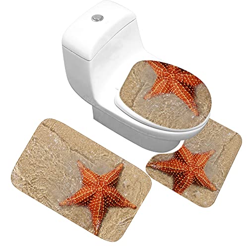 Badematten Set,Badematten Teppich-Set 3-Teiliges Strand-Seestern 3D-Druck Rutschfeste Badematten Weiche Mikrofaser…