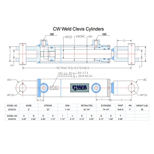 Image of CW Weld Clevis Cylinder 2 inch Bore x 32 inch Stroke x 1 1 /4 inch Rod x SAE 6 Port x 3000 PSI