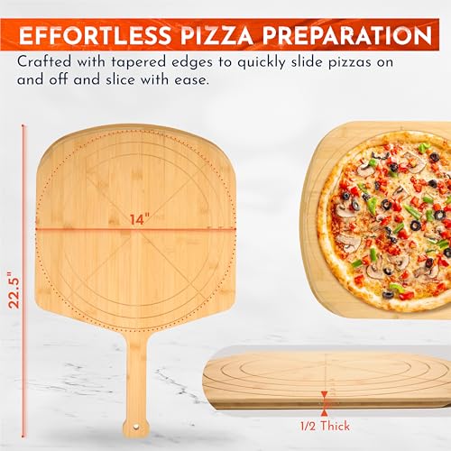 Image of Wooden Pizza Peel 14 Inch Board with Engraved Sizes - Multi-Purpose Bamboo Pizza Cutting Board, Wood Pizza Peel, Pizza Spatula Paddle, and Serving Board with Size and Cutting Guide