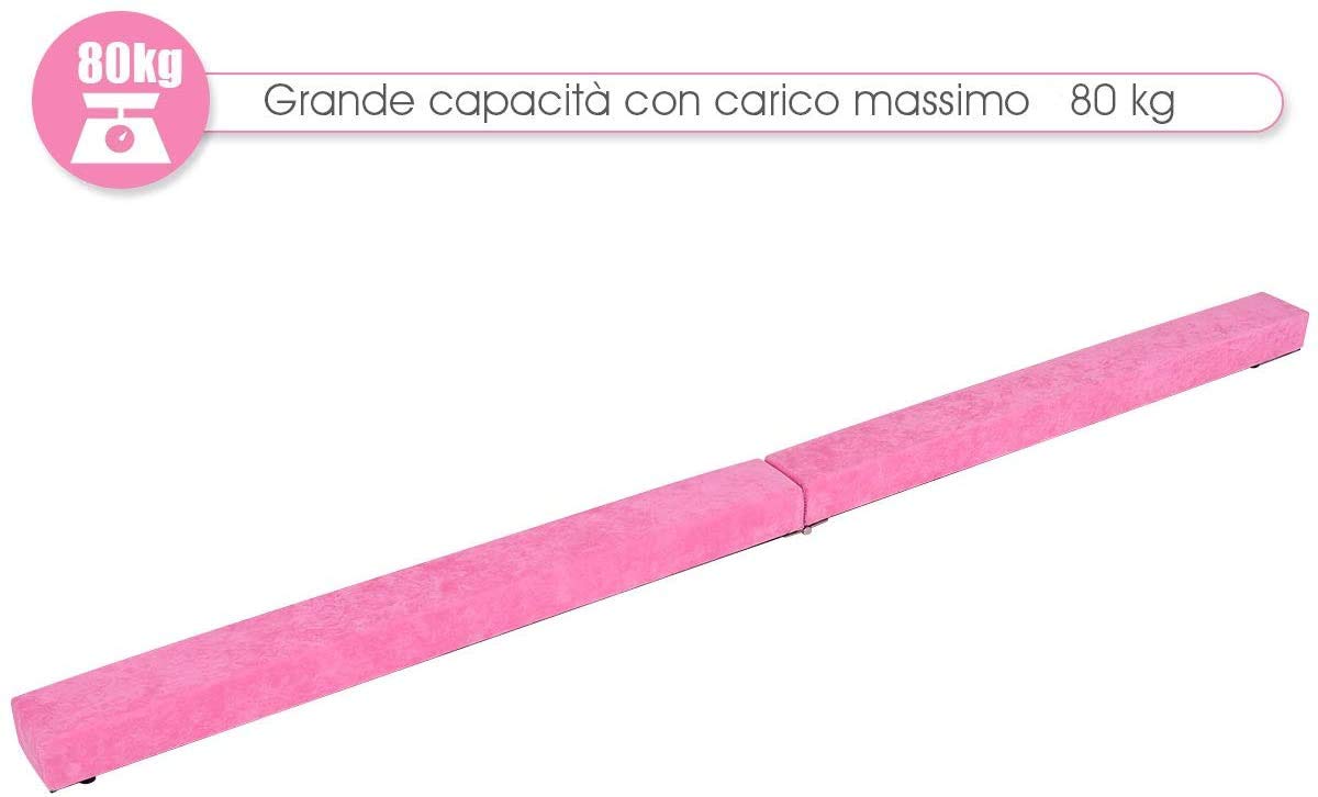 GOPLUS Trave da Ginnastica Equilibrio Pieghevole a 2 Strati, Legno di Pino Copertura Flanella, Fascio Ginnastica, Ideale per Allenamento in Palestra&Casa, Parte Collegata in Acciaio 210x10x6,5cm（ROSA）