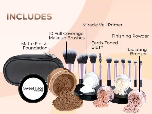 16pc Beginner Mineral Makeup STARTER KIT with 10 BRUSH SET (5gm)Sample Size Foundation, Primer, Blush, Bronzer, Setting Powder for Learning, Occasional Use & First Time Users, Travel Size Kit (Cocoa) - Image 2