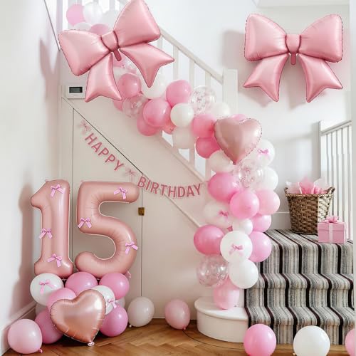 Image of 15th Birthday Decorations for Girls,Pink Bow Balloons for Party Decorations | 15 Number Balloon,Pink White Latex Balloons,Bow Print Balloons,Heart Balloons,15 year old girl birthday decorations