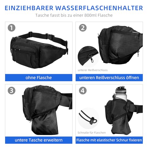 Wiserset Bauchtasche für Herren und Damen, Gürteltasche mit Flaschenhalter Gurt Verstellt Hüfttasche mit 6 Reißverschlusstaschen für Wandern Hundespaziergänge Joggen Radfahren Reisen Laufen, Schwarz