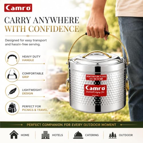 Image of Camro Sambar Pot Hammered | Sambar Pot with Lid | Casserole for Cooking | Canteen & Hotel Casserole Container | Picnic Hot | Biryani Box Hot & Cold Serving (3 Liters)