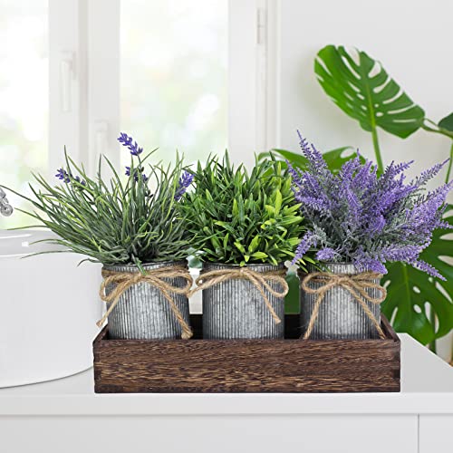 Set Of 3 Small Potted Plants Arrangement Artificial Lavender And Grass Plants In Rustic Galvanized Metal Pots With Decorative Wood Tray For Farmhouse Table Centerpiece Windowsill Indoor Greenery Decor #TOP6