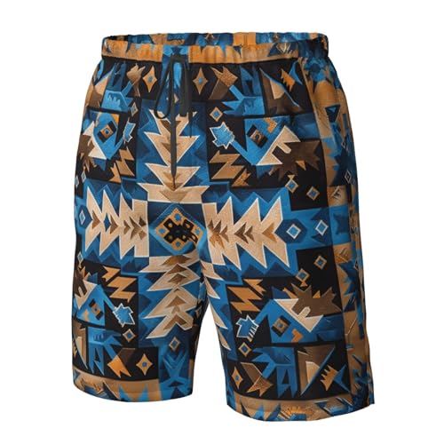 Native American Southwestern Aztec Diamond Blue Brown Men's Quick Dry Swim Trunks Surfing Beach Mesh Board Shorts 5