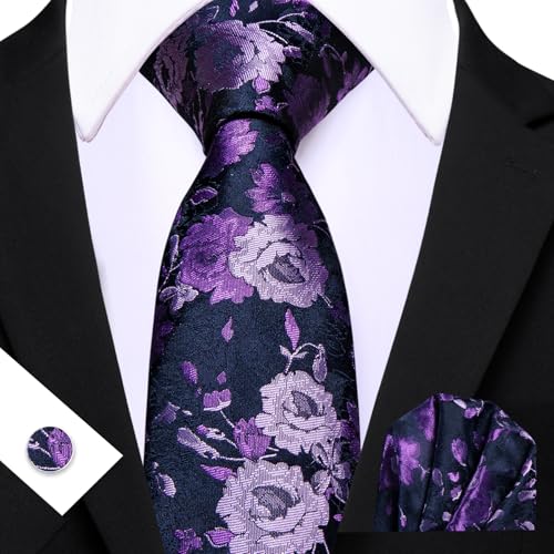 Image of Barry.Wang Flower Ties for Men Handkerchief Cufflinks Set Wedding Necktie Set Party