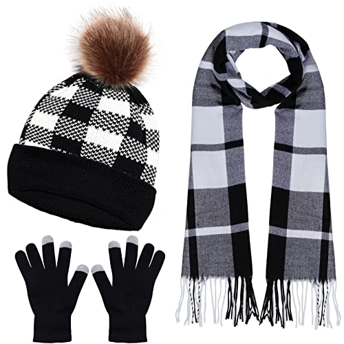 Obmwang Winter Warm Set Christmas Plaid Knitted Beanie Hat Gloves And Plaid Scarf For Women And Men cover