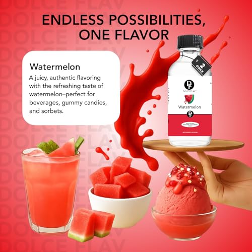 Image of Dolce Flav Natural Watermelon Flavoring - Sweet, Juicy Summer Fruit Taste | 2 oz Extract for Baking, Drinks & Frozen Treats | Graduated Dropper Included | Water-Soluble | Kosher | Made in USA