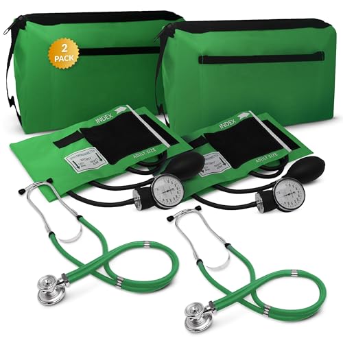 Image of Blood Pressure Monitor and Sprague Stethoscope Kit - 2-Pack, Adult Aneroid Sphygmomanometer with Dual-Head Stethoscope, Adjustable BP Cuff, Carrying Case & Accessories - Green
