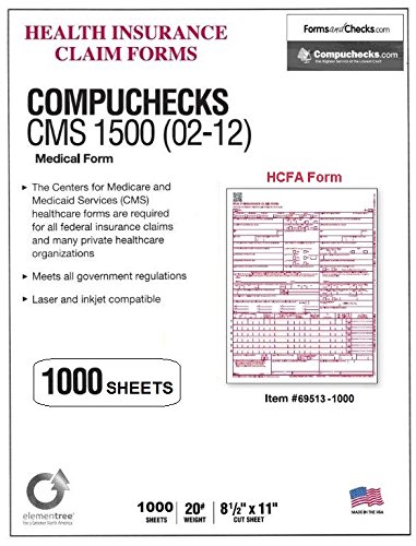 Cms-1500 Claim Forms – Current Hcfa 02/2012 Version Health Insurance Claim Forms For Medical Facilities And Hospitals, Compatible W/Laser And Inkjet Printers - 8.5'' X 11 (1000 Sheets) #TOP2