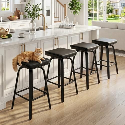Image of 26 inch Swivel Bar Stools Set of 4, Backless Counter Height Bar Stools with Removable Faux Leather Cushion, 360 Swivel Wooden Saddle Stools with Footrest for Kitchen Island, Home Bar, Small Spaces, Black