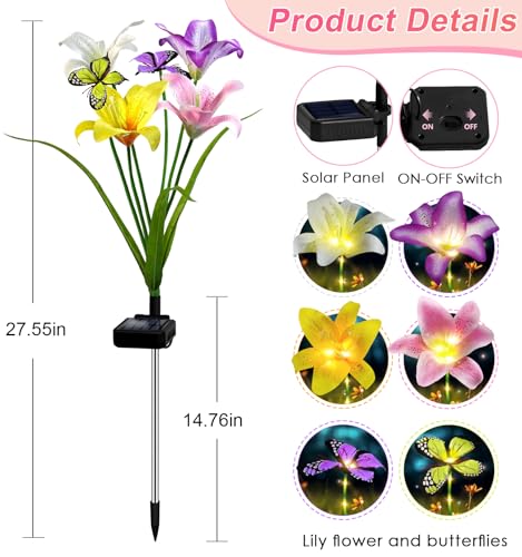 ostritec Solar Garden Lights Outdoor, 4 Pack Flower Lights for Outside, 16 Solar Lilies with Butterflies, Waterproof Garden Decor for Yard, Patio, Gifts for Women Mom (4 pcs Lilies) by ostritec - Image 5