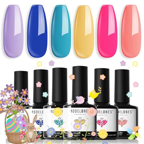 modelones Gel Nail Polish Set - 6 Colors Spring Easter Neon Bright Hot Pink Royal Blue Purple Turquoise Peaches Coral Yellow Nail Gel Kit Soak Off Nail Art Design Manicure DIY at Home Salon Gifts