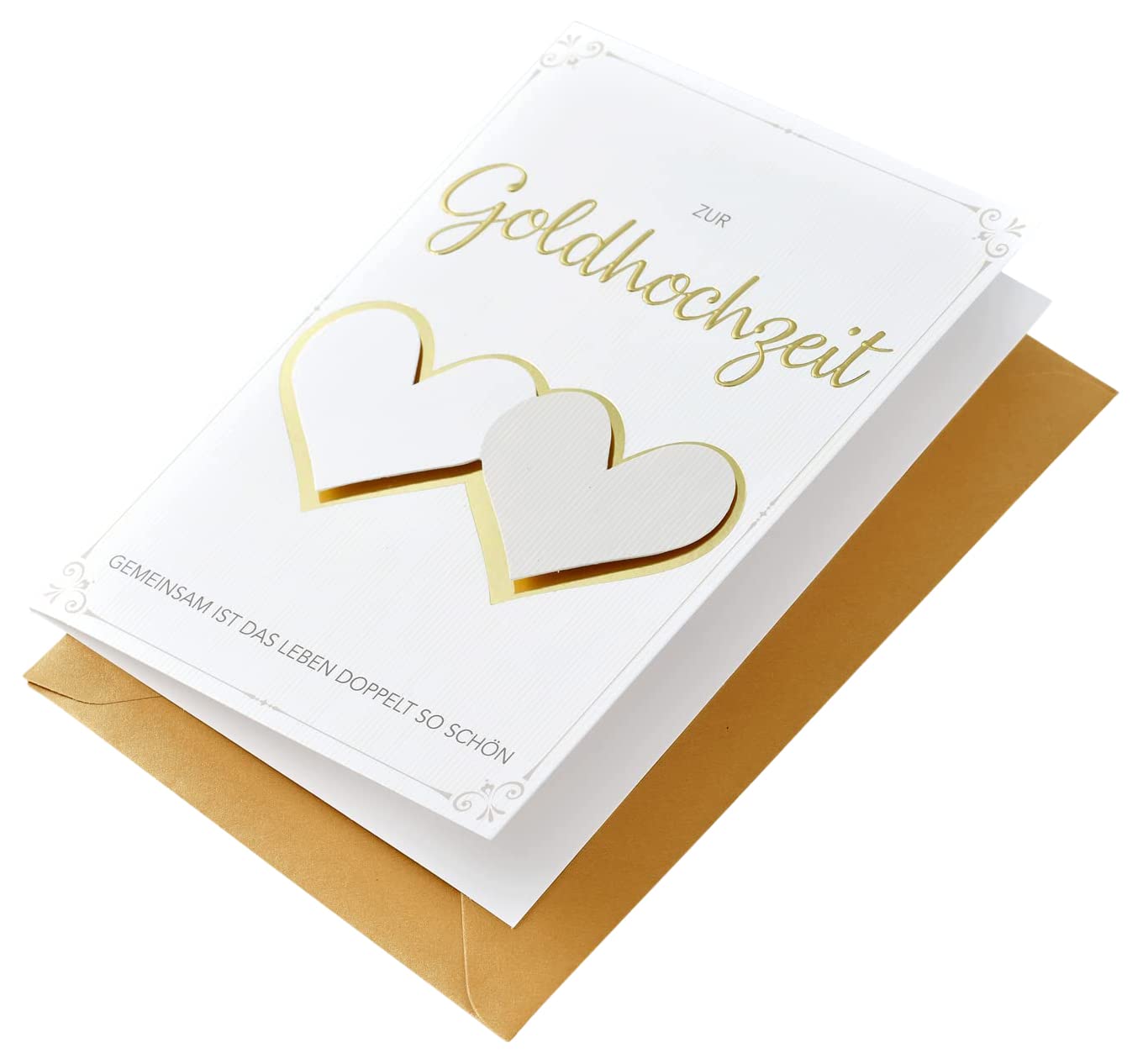 Perleberg Gold Wedding Card with Envelope in Gold – High-Quality Greeting Card with Two Hearts – Wedding Card – Dimensions 11.6 x 16.6 cm – Congratulations Golden Wedding – Greeting Card