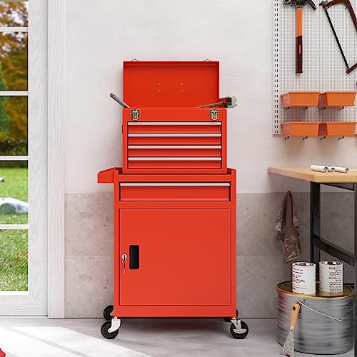 5-Drawers Rolling Tool Chest Tool Box With Wheels, 2-In-1 Detachable Tool Storage With Large Cabinet And Sliding Drawers, Removable Tool Box Organizer With Lockable For Garage, Workstation (Red) #TOP5
