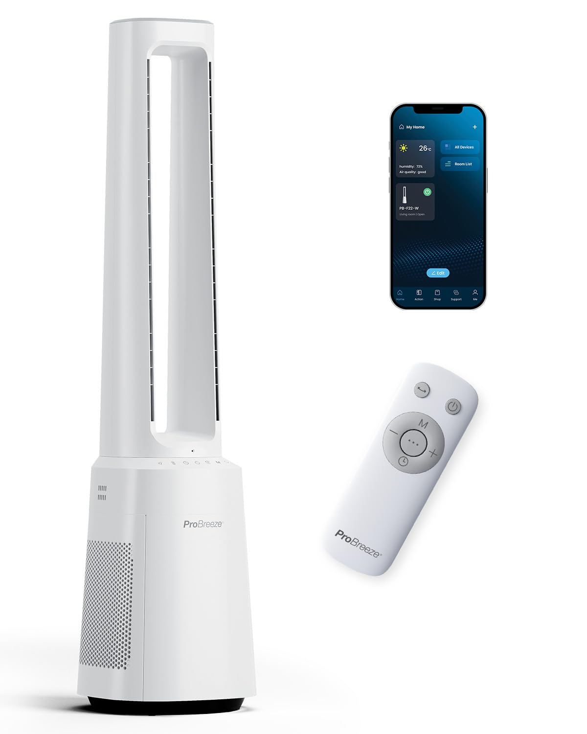 Pro Breeze® OmniAir 41" Smart Bladeless Tower Fan with Air Purifier - Silent Standing Portable Circulator - Remote Control, Wi-Fi, HEPA Filter, LED Display, 10 Fan Speeds, 5 Modes & 60° Oscillation