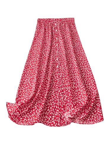 GORGLITTER Women's Plus Size Boho Floral Midi Skirt High Waisted Button A Line Flowy Maxi Skirts