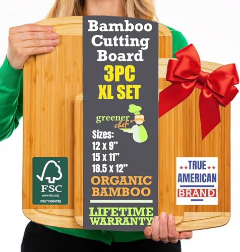 Organic Bamboo Cutting Board Set of 3 with Lifetime Replacements - Wood Cutting Board Set with Juice Groove - Wooden Chopping board Set for Kitchen, Meat and Cheese - Wooden Cutting Boards for Kitchen