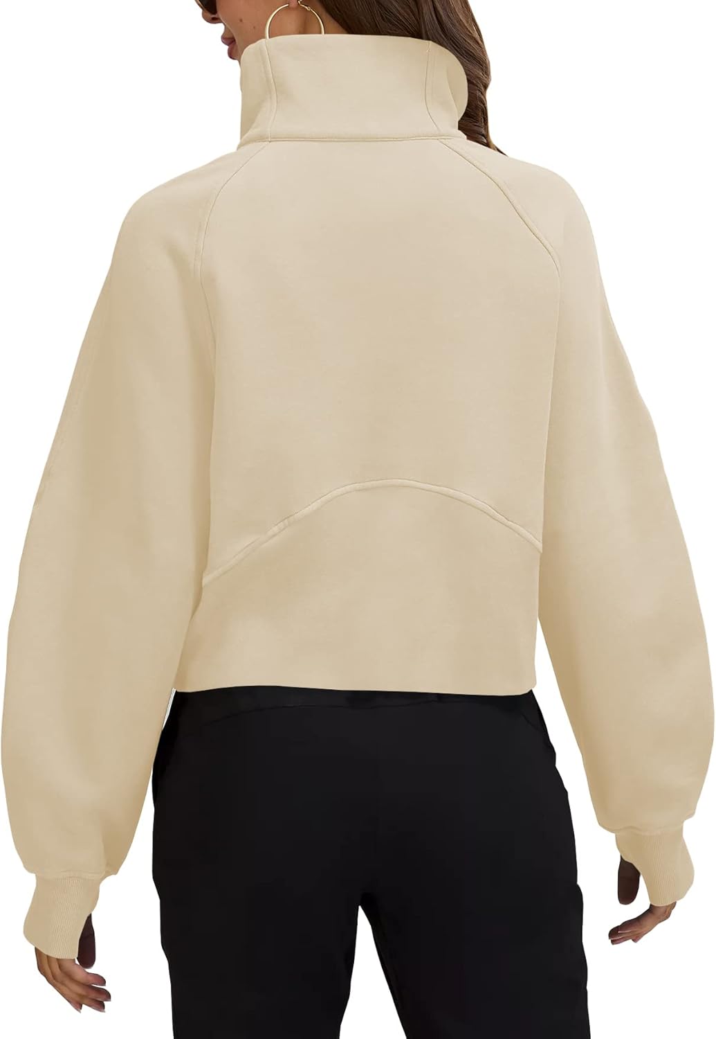 Womens Sweatshirts Half Zipper Crop Pullover Funnel Neck Fleece Lined Zip Up Long Sleeve Tops Thumb Hole Khaki - Image 2
