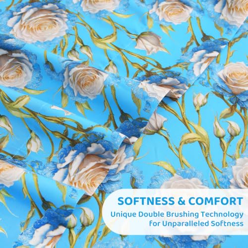 Image of Mooreeke Cozy Floral Microfiber Printed Twin Sheet Set - Soft & Breathable 3D Rose Bed Sheets with Deep Pocket - Non-Slip Fitted Design - Blue White Rose Pattern - Queen