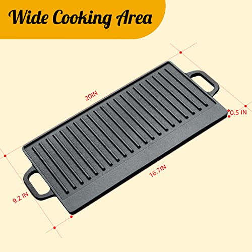 Overmont Pre-Seasoned 17X9" Cast Iron Reversible Griddle Grill Pan With Handles For Gas Stovetop Open Fire Oven, 1 Tray #TOP1