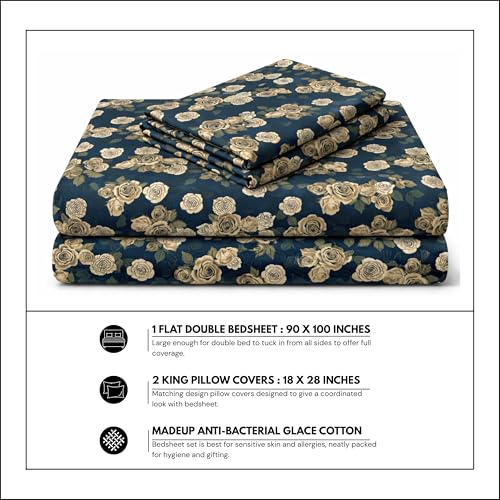Image of King Size Bedsheet Cotton for Double Bed | Flat - 90x100 Inch, Floral, Soft & Breathable, Fade & Shrink Resistant, 2 Pillow Covers | Midnight Rose Elegance, Navy Blue