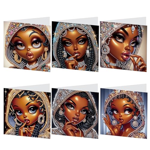 Image of AiYuanzsh 6 Pcs 5D Diamond Painting Greeting Card Kits, Luxury Black Beauty Design DIY Diamond Art Greeting Cards with Envelopes, Handmade Rhinestone Cards for Adults Birthday & Festival Celebration