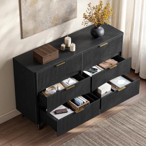 Image of Evermagin 54 inch Curved Fluted 6-Drawer Dresser, Mid-Century Modern Black