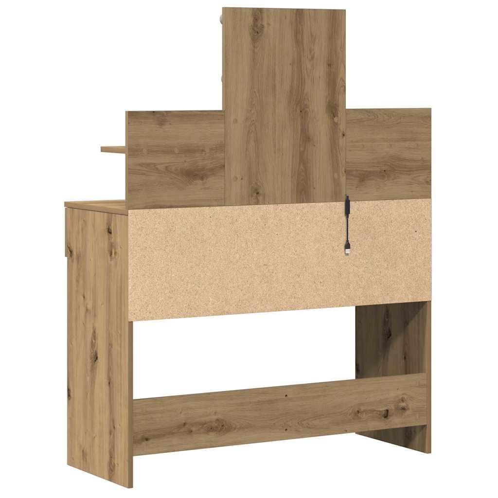 Toaletka Artisan dąb drewnopochodny, 100 x 40 x 130 cm, z oświetleniem LED, przestronne miejsce do przechowywania, 2 szuflady, 2 półki do sypialni, organizer na stół do makijażu