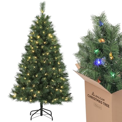 SALCAR 5ft Pre-lit Christmas Tree, Realistic Artificial Christmas Tree with LED String Lights & Remote Control, Xmas Tree with Warm White & Multicolor LED Lights, Quick Setup Christmas Decoration option