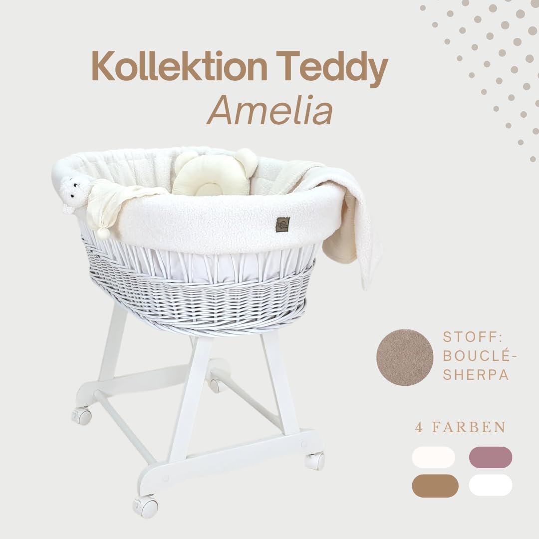 Łóżeczko dziecięce Amelia – ręcznie tkany Mojżesz z materacem i materacem – 5-częściowy zestaw pościeli Teddy Ecru – przenośny wózek na kółkach – idealny dla noworodków