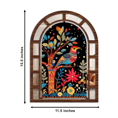 Image of Artvibes Colorful Bird & Floral Tree | Jharokha Mirror | Mirror Wall Hanging for Living Room, Hall, Bedroom & Dining Area | Indian Gift (WH 12003N), Set of 2