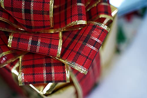 Meedee Christmas Ribbon 2.5 Inch 6 Rolls 36 Yards Buffalo Plaid With Gold Wire Edged Ribbon Bulk Plaid Christmas Tree Decorating Ribbon Perfect For Gift Wrapping Tree Garland Topper Bow Swag Wreath #TOP4