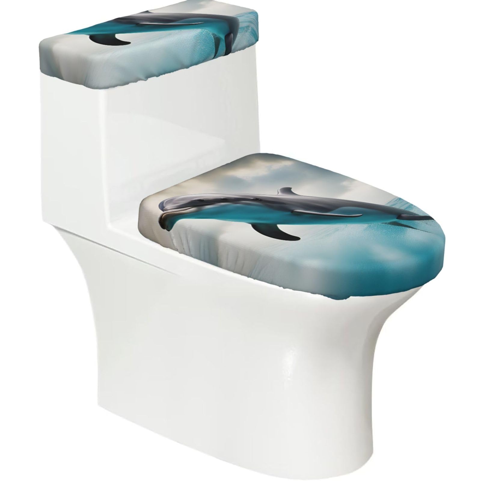 Funny Dolphin Looking At You Print Stretch Toilet Covers Set, Polyester Covers Replacement For Fits Most Size Lids Bathroom Decor