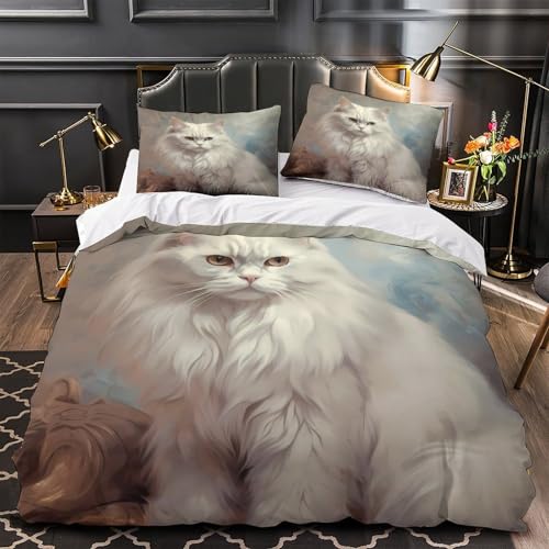 Housse de couette chat blanc 3D 140x200 microfibre avec 2 taies