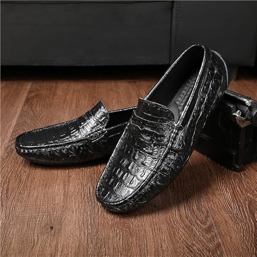 Flat Heel Flexible Lightweight Party Prom Slip On Mens Loafers Crocodile Grain Stitching Detailed Round Toe Genuine Leather4