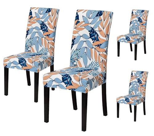 Image of Styleys Chair Covers for Dining Room, Stretch Dining Chair Cover, Washable Spandex Kitchen Chair Slipcovers (Set of 4, Blue /Orange Leaf, SD3209)