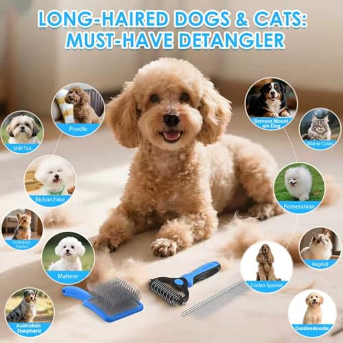 Image of Large Doodle 3 in 1 Grooming Kit, Extra Long Pin Dog Slicker Brush, Blue | Ideal for Labradoodles, Poodles; premium wooden handle; undercoat rake; removing thick mats; tangle deshedding.