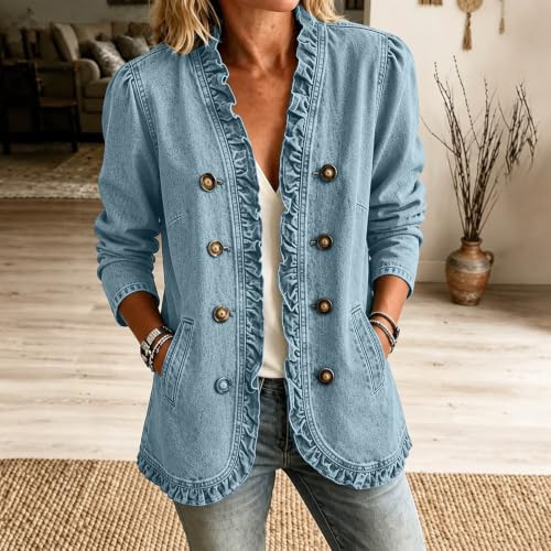 Denim Jacket For Women Ruffled Trim Lapel Open Front Long Sleeve Coats - image 3