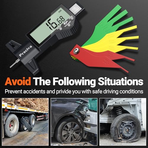 Image of Preciva Tire Tread Depth Gauge & Brake Lining Gauge Set, Digital Tire Depth Gauge with Large LCD Display and in, MM, F Conversion, for Tread Depth, Brake Shoe and Pad Wear