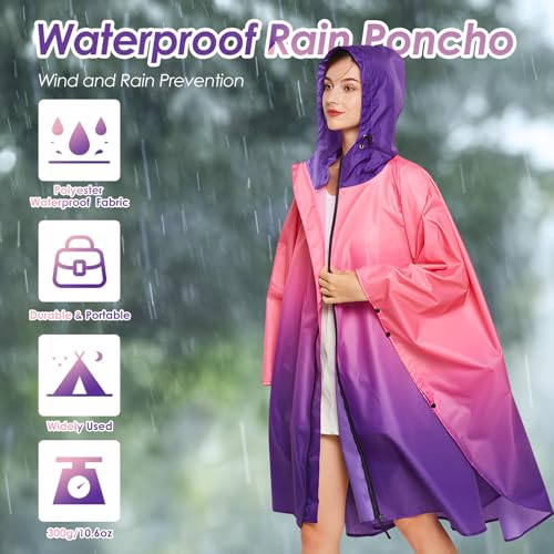 SOPPY Lightweight Waterproof Rain Poncho for Women Men, Windproof Reusable Breathable Raincoat with Hood for Outdoor Activities Quick Dry Hooded Raincoat Free Size - Gradient Pink(Width 153cm) - Image 3