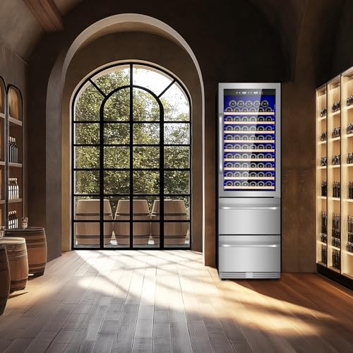 Image of 24 Inch Wine and Beverage Refrigerator, 2 IN 1 Dual Zone Drawer Beverage Fridge Wine Cooler, Built-in or Freestanding Beverage Cooler with Powerful Compressor, Holds 108 Bottles and 150 Cans