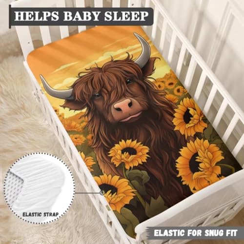 Image of Highland Cow Baby Crib Sheets Neutral Sunflower Bedding Sets for Standard Cribs Breathable Baby Sheet for Bassinet Fitted Crib Sheets Nursery Decor Boy Girls Toddlers