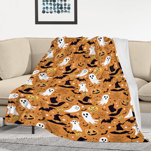 Image of Halloween Blanket for Kids, Orange Pumpkin Ghosts Fleece Throw Blanket for Halloween Decor, Soft Cozy Plush Fall Blanket for Toddlers, Fall Gifts for Boys Girls Toddlers Birthday, 40x60 Inches