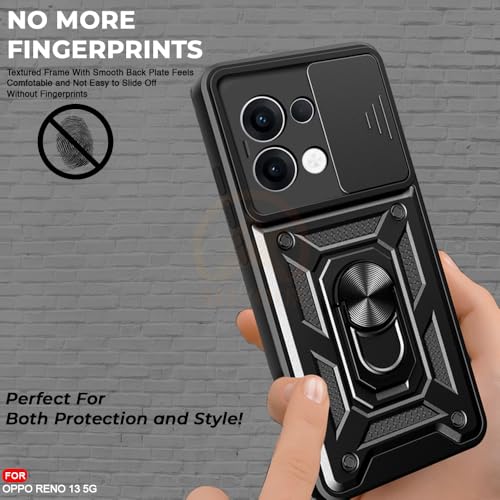 Image of Armor Bumper Back Cover Case for Oppo Reno13 5G Rotating Camera Cover, Ring Holder & Kickstand | Heavy Duty & 360 Degree Protection Oppo Reno13 5G Back Cover (Black)