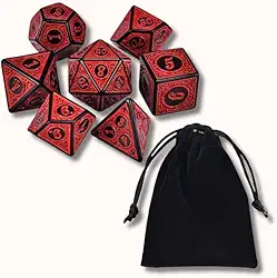 Kit 7 Dados Rpg Vermelho Runas D&d Boardgames Jogos de Mesa D4 D6 D8 D10 D10% D12 D20 + Bolsa de Veludo